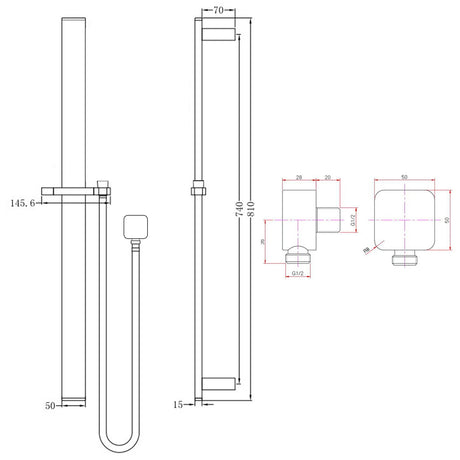 AQU Shower Rail Without Handheld Shower - Brushed Gun Metal Technical Drawing