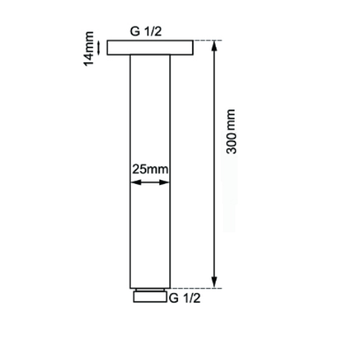 AQU Round Ceiling Shower Arm 300mm - Chrome Technical Drawing