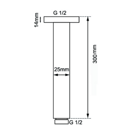 AQU Round Ceiling Shower Arm 300mm - Chrome Technical Drawing