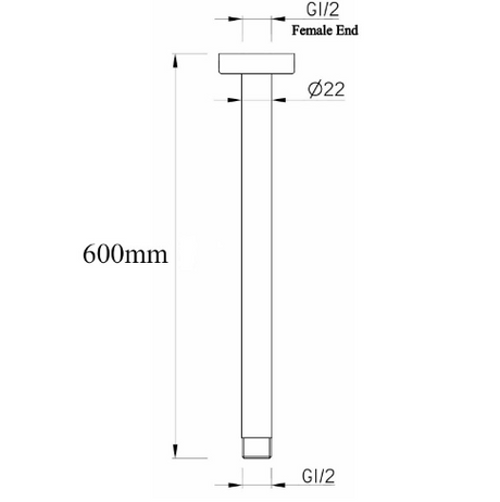 AQU Round Ceiling Shower Arm 600mm - Chrome Technical Drawing
