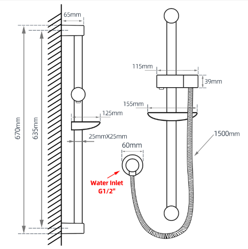 AQU Round Chrome Shower Rail with Soap Dish (without Handheld Shower)