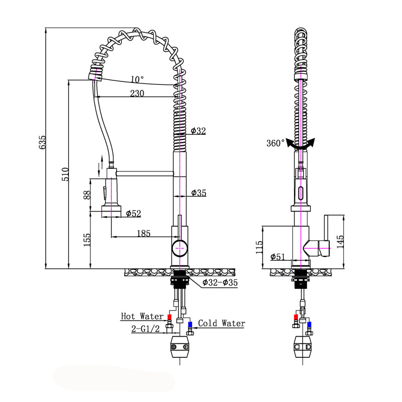 AQU Tall Spring Pull Out Kitchen Mixer - Black Technical Drawing