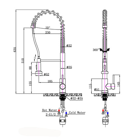 AQU Tall Spring Pull Out Kitchen Mixer - Black Technical Drawing