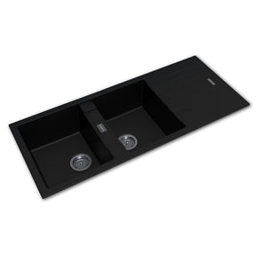 ARETE Black Granite Stone Double Kitchen Sink with Drainboard 1160x500x200mm