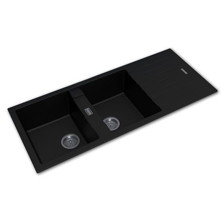ARETE Black Granite Stone Double Kitchen Sink with Drainboard 1160x500x200mm
