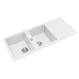 ARETE White Granite Quartz Stone Double Kitchen Sink with Drainboard 1160x500mm