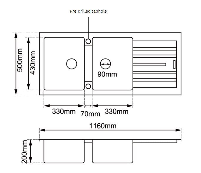 ARETE White Granite Quartz Stone Double Kitchen Sink with Drainboard 1160x500mm