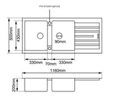 ARETE White Granite Quartz Stone Double Kitchen Sink with Drainboard 1160x500mm