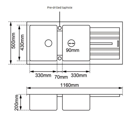 ARETE White Granite Quartz Stone Double Kitchen Sink with Drainboard 1160x500mm
