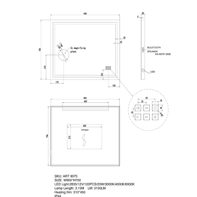 ART LED Rectangle Frameless Mirror 900x750mm with Magnifier and Bluetooth