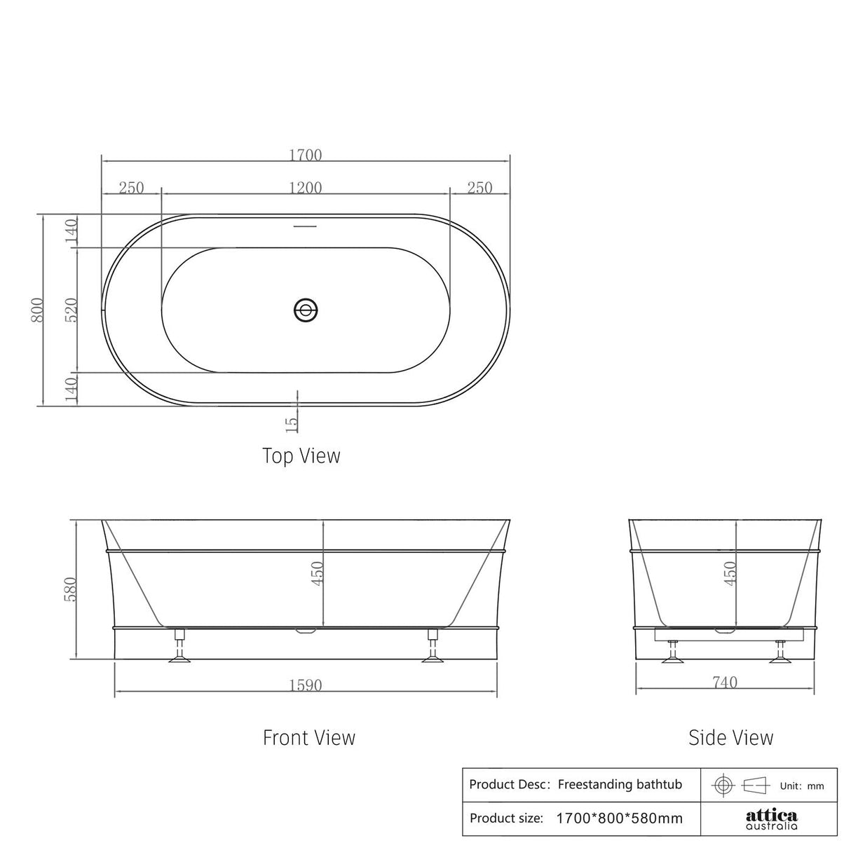 ATTICA BONDI Freestanding 1700mm Overflow Bathtub - Matte White