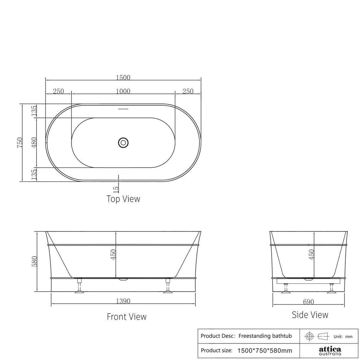 ATTICA BONDI Freestanding Overflow Bathtub - Matte White