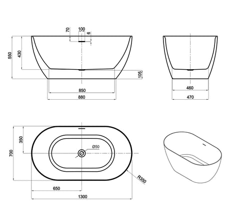 ATTICA Manolo Freestanding Bathtub With Overflow (1300/1400mm) (Gloss White)