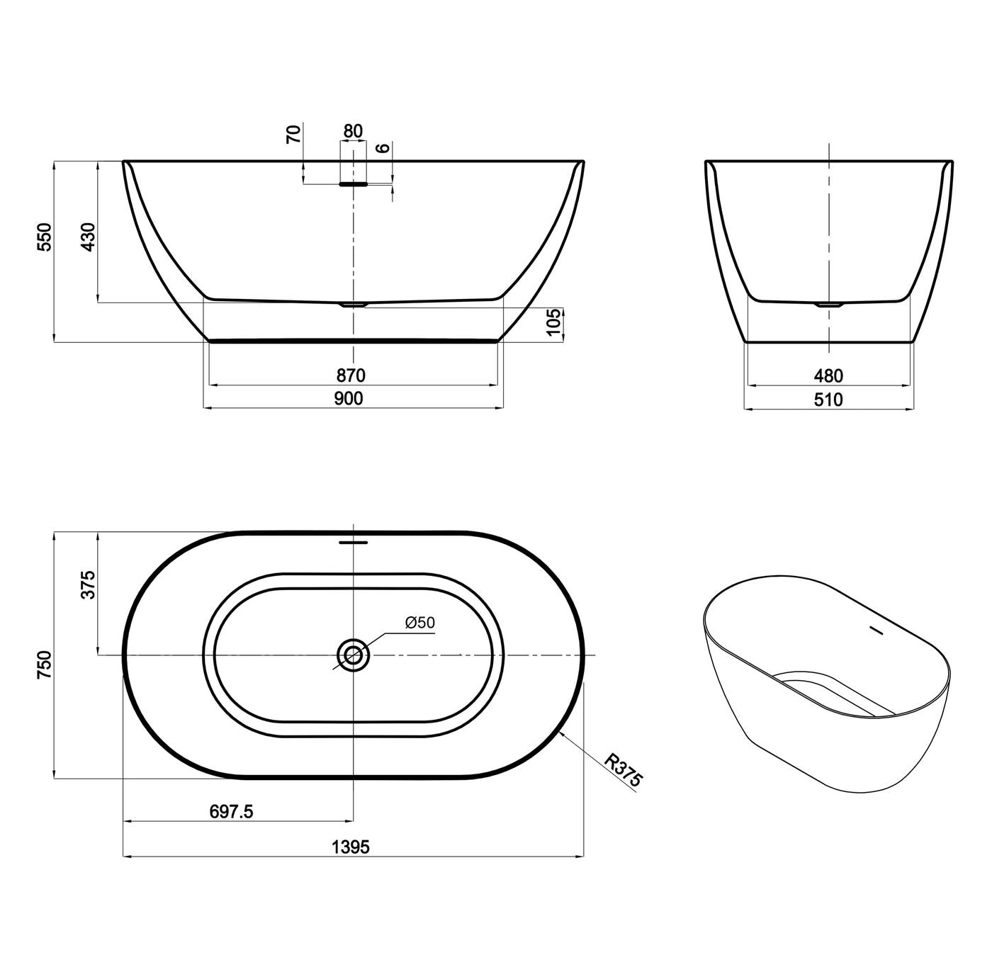 ATTICA Manolo Freestanding Bathtub With Overflow (1300/1400mm) (Gloss White)