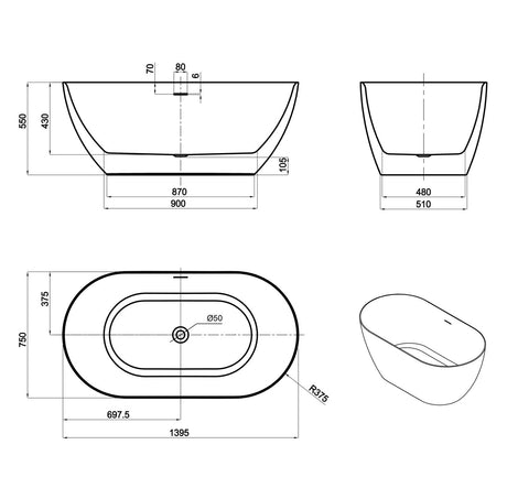 ATTICA Manolo Freestanding Bathtub With Overflow (1300/1400mm) (Gloss White)