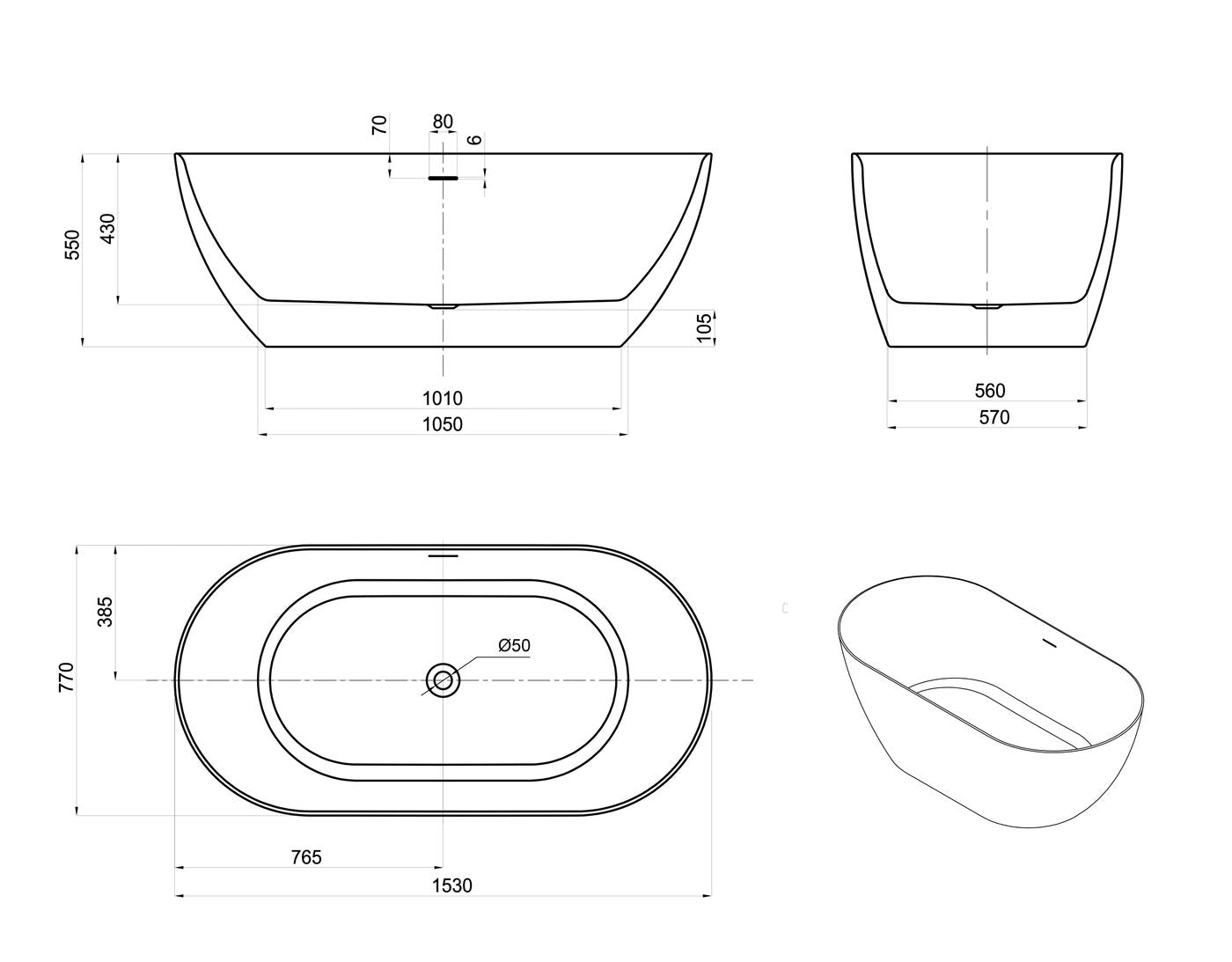 ATTICA Manolo Freestanding Overflow Bathtub (1530/1700mm)
