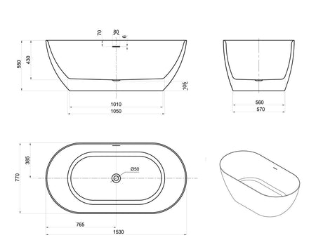 ATTICA Manolo Freestanding Overflow Bathtub (1530/1700mm)