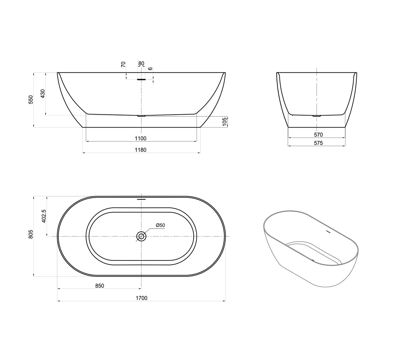 ATTICA Manolo Freestanding Overflow Bathtub (1530/1700mm)