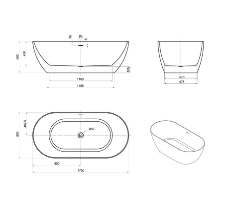 ATTICA Manolo Freestanding Overflow Bathtub (1530/1700mm)