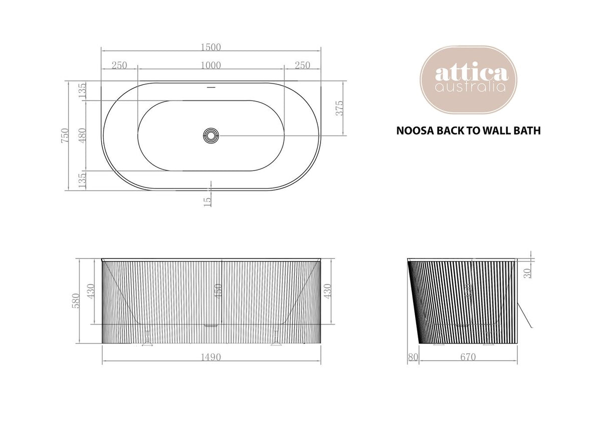 ATTICA NOOSA Back to Wall MULTI-FIT Bath With Overflow 1500mm (Gloss White)