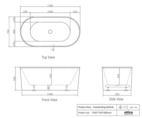 ATTICA NOOSA Fluted Freestanding Bathtub With Overflow 1500mm (Gloss White)