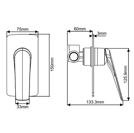 Au Square Shower Bath Wall Mixer - Black Technical Drawing