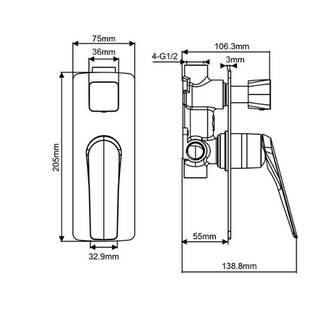 Au Square Wall Mixer With Diverter - Black Technical Drawing
