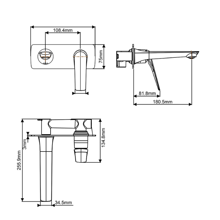 Au Square Wall Mixer With Spout - Black Technical Drawing