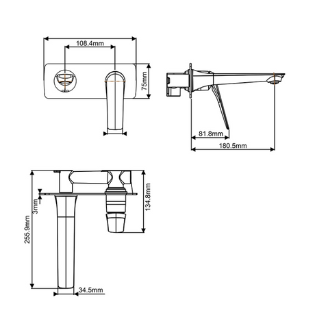 Au Square Wall Mixer With Spout - Black Technical Drawing