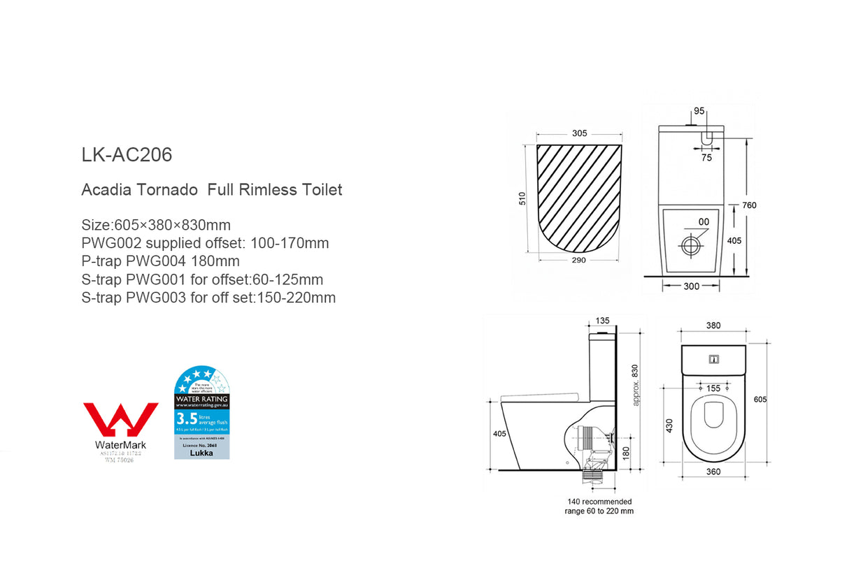 Acadia Tornado Rimless Toilet Suite