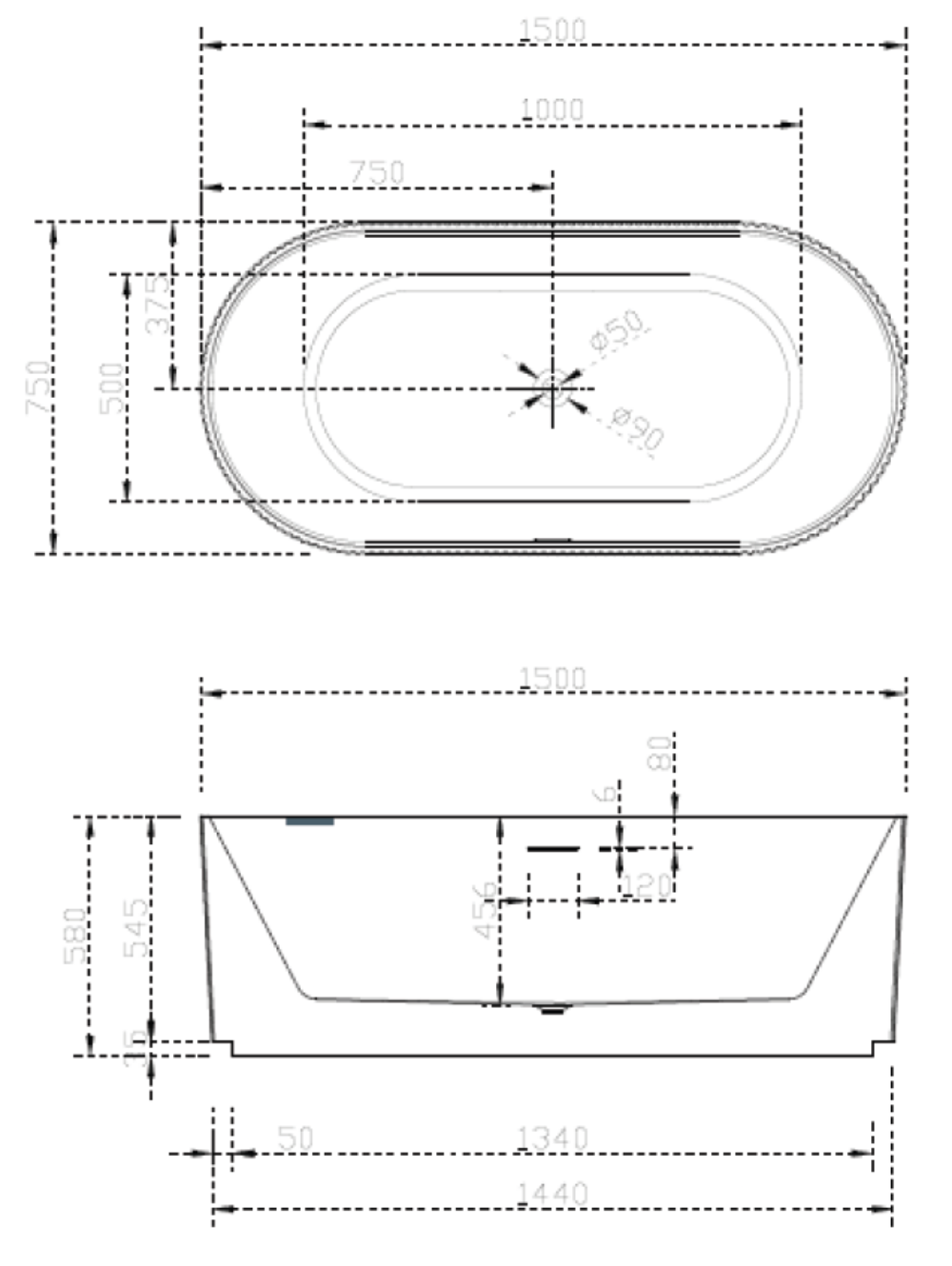 Oslo Free-Standing Bathtub with Non-Overflow (Matte White & Black) (1500/1700mm)
