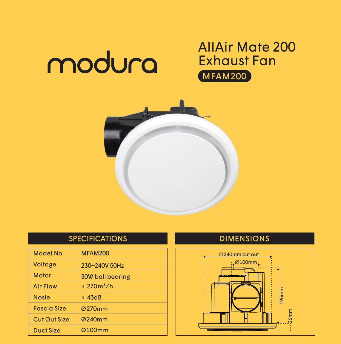 MODURA AllAir Mate 200 Round Ceiling Mounted Exhaust Fan, Cut Out Φ240mm