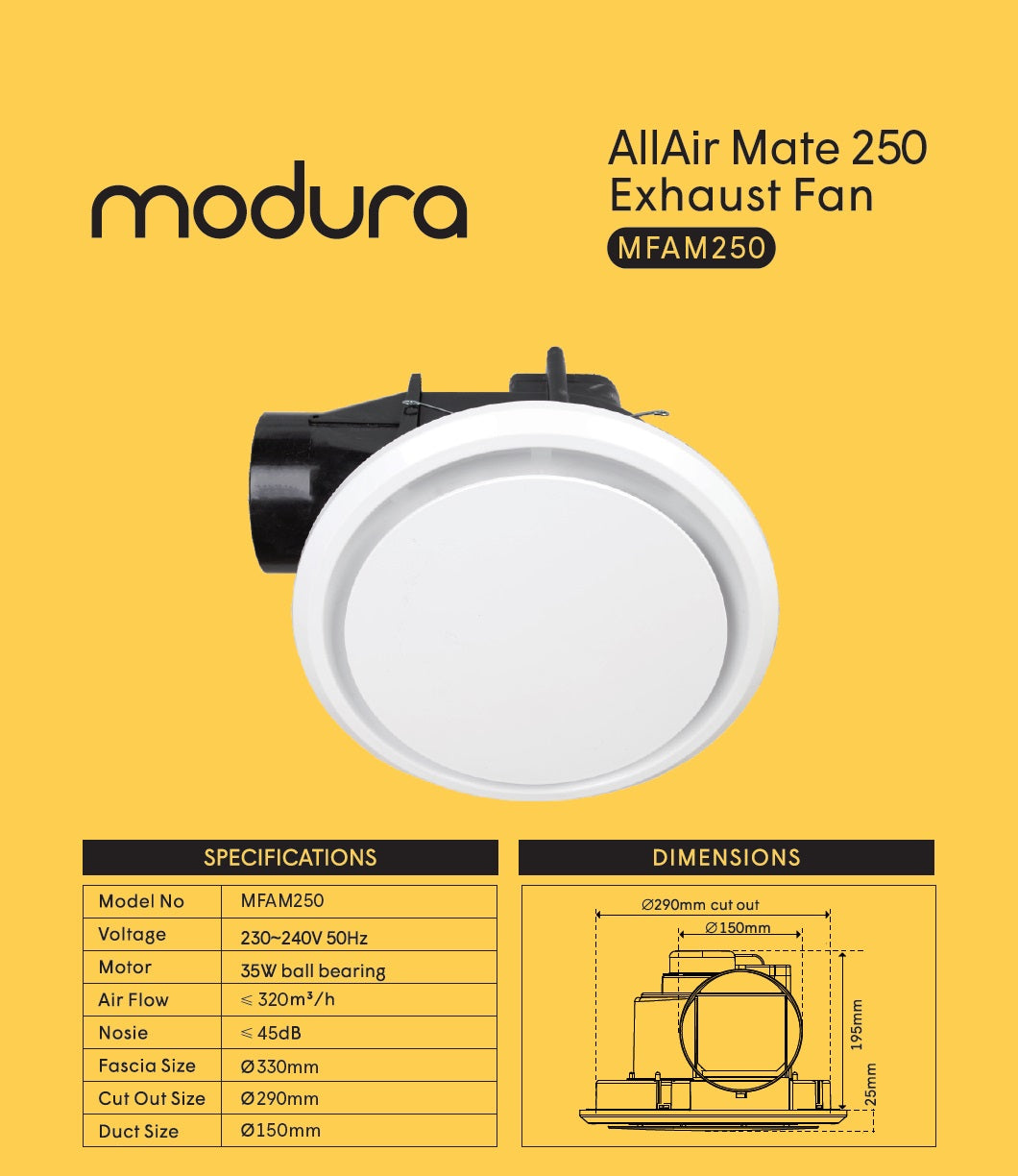 MODURA AllAir Mate 250 Ceiling Exhaust Fan White Round, CUT OUT Φ295mm