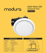 MODURA AllAir Mate 250 Ceiling Exhaust Fan White Round, CUT OUT Φ295mm