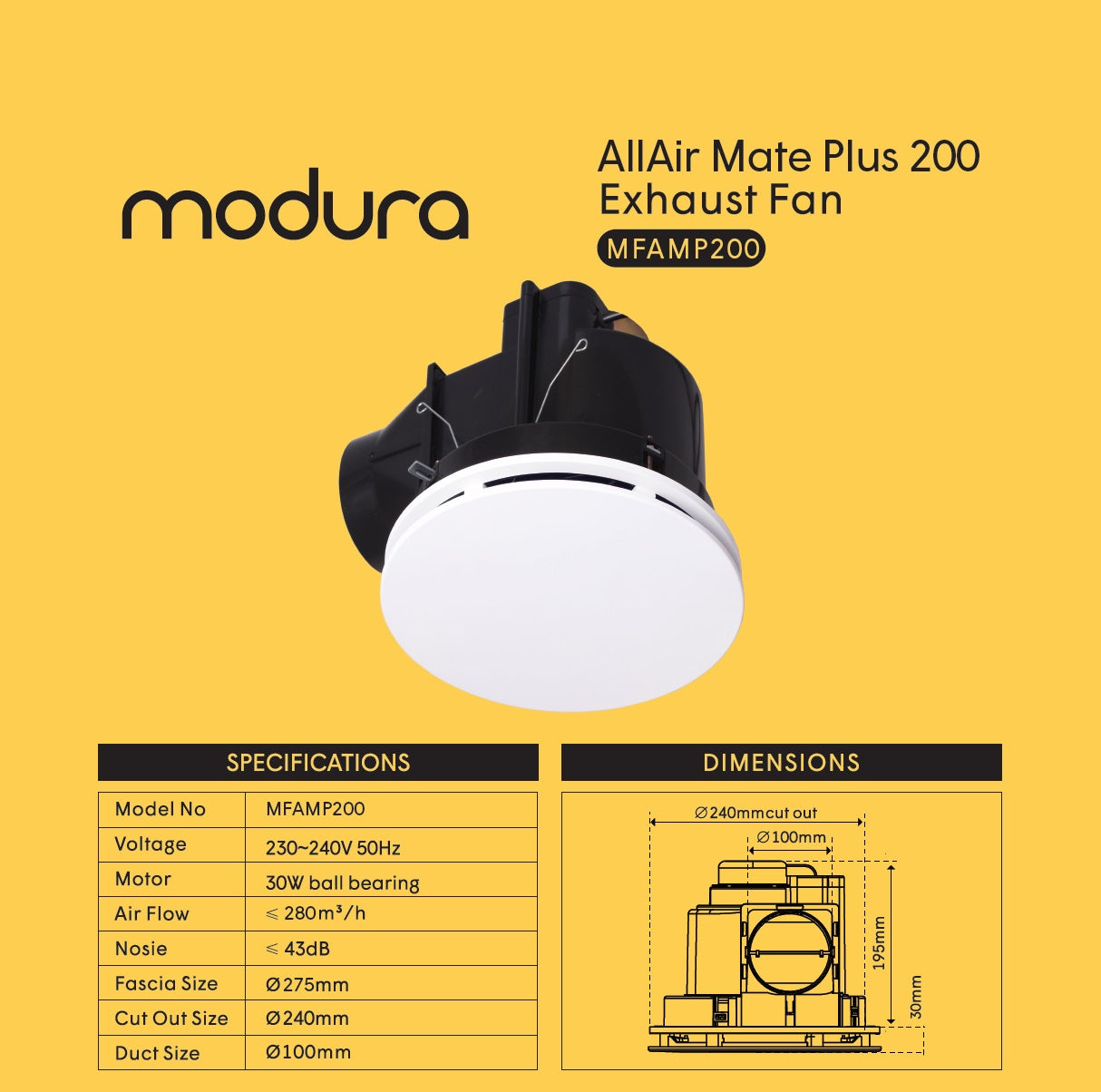 MODURA AllAir Mate Plus 200 Ceiling Exhaust Fan White Round, CUT OUT Φ240mm