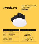 MODURA AllAir Mate Plus 250 Ceiling Exhaust Fan White Round, CUT OUT Φ295mm