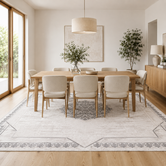 Amalfi Oriental Border Medallion Cream Grey Rug - AMAL07