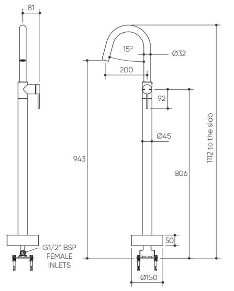 Argia Floor Mounted Bath Mixer Lead Free drawing
