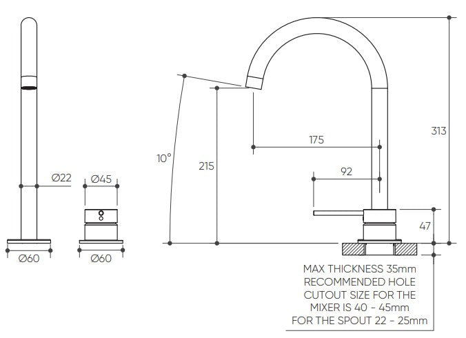 Argia Hob Basin Mixer Set 175 Curved Spout Lead Free drawing