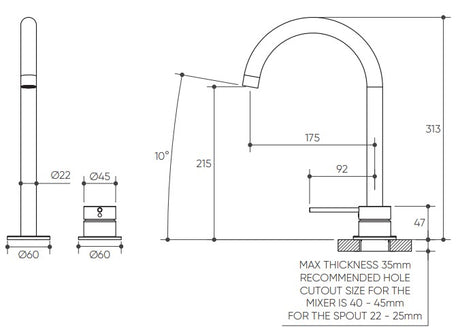 Argia Hob Basin Mixer Set 175 Curved Spout Lead Free drawing