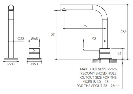 Argia Hob Basin Mixer Set 175 Right Angle Spout Lead Free drawing