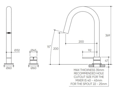 Argia Hob Sink Mixer Set 200 Curved Spout Lead Free drawing
