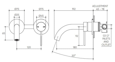Argia Wall Basin/Bath Mixer Set 180 Curved Spout Lead Free drawing