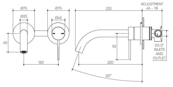 Argia Wall Basin/Bath Mixer Set 220 Curved Spout Lead Free drawing