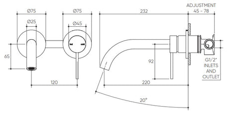 Argia Wall Basin/Bath Mixer Set 220 Curved Spout Lead Free drawing