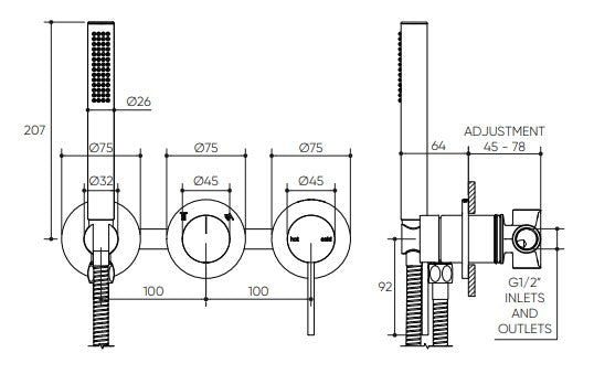 Argia Wall Mixer with Diverter & Hand Shower Lead Free drawing