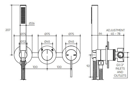 Argia Wall Mixer with Diverter & Hand Shower Lead Free drawing