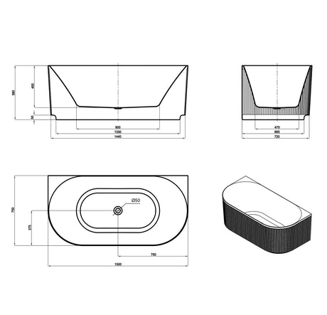 Attica HAVANA BTW Multi-fit Fluted Bathtub With Overflow (1500/1700mm) (Matte White/ Gloss White)