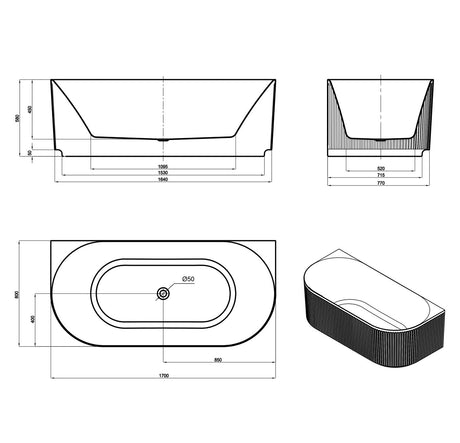 Attica HAVANA BTW Multi-fit Fluted Bathtub With Overflow (1500/1700mm) (Matte White/ Gloss White)