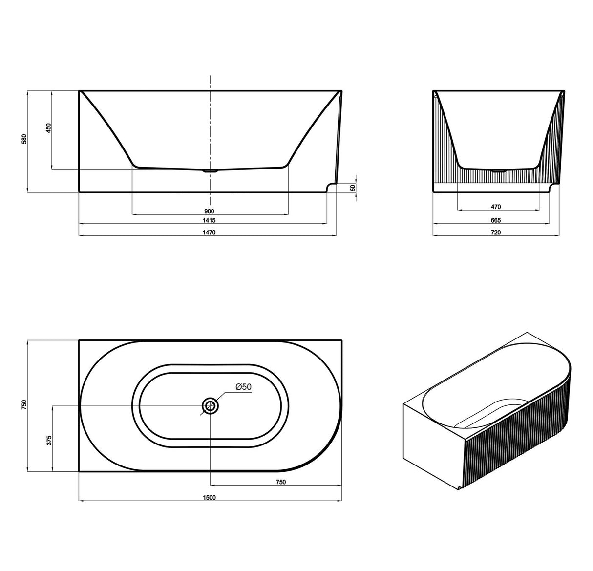 Attica HAVANA Left Corner Fluted Bathtub With Overflow (1500/1700mm) (Gloss White)